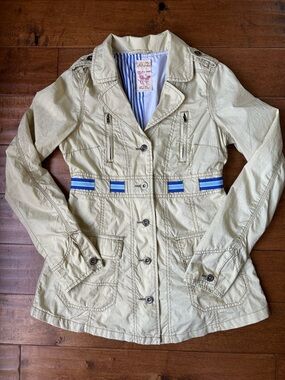 Free People Cream Utility Jacket with Blue Stripe Accents